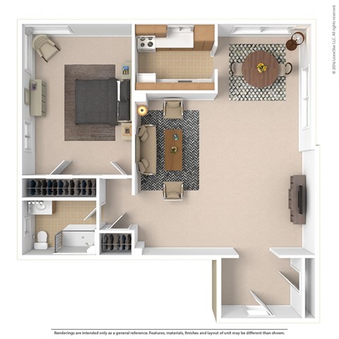 Floor plan for 1 bed, 1 bath, 679 sqft